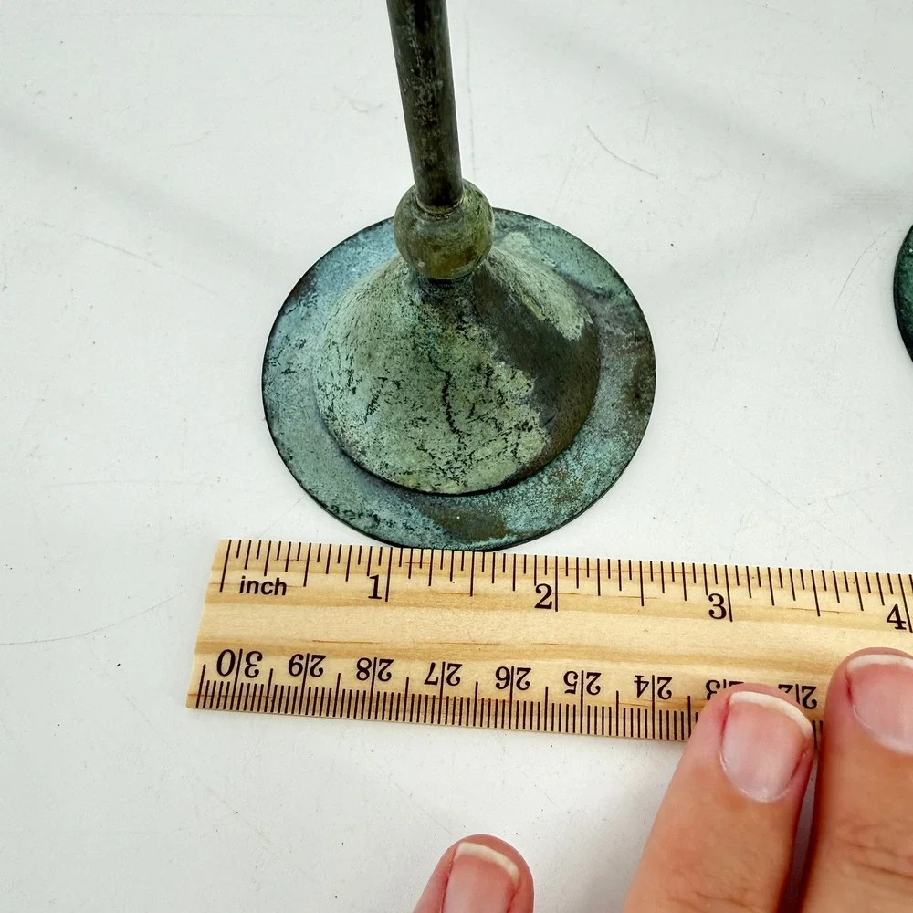 Vtg Verdigris Taper Christian Beaumont Post-Modern Decor Teal Metal Candlesticks